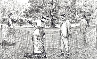 Grabado que muestra a una jugadora de tenis femenina incómoda por sus nuevos zapatos de goma de George du Maurier