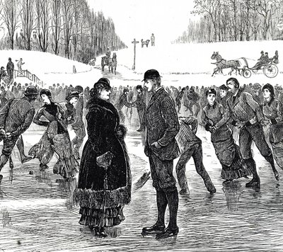 Grabado que muestra a una pareja de mediana edad patinando sobre hielo de George du Maurier