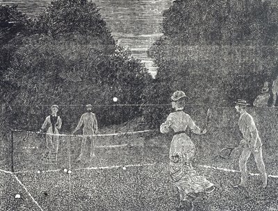 Grabado que muestra el uso de pintura de fósforo blanco recomendada para jugadores de tenis de George du Maurier