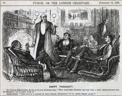 Caballeros reunidos en la sala de fumadores fumando sus cigarros después de la cena. Caricatura de George du Maurier para Punch, Londres 1886 de George du Maurier