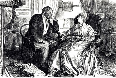 Caricatura de Georges du Maurier que ilustra a un hombre y una mujer conversando sobre los beneficios calmantes del aceite de hígado de bacalao. Inglaterra 1869 de George du Maurier