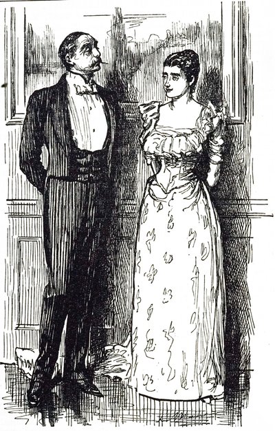 Caricatura de Georges du Maurier ilustrando a un hombre y una mujer conversando en un evento social, Inglaterra 1891 de George du Maurier