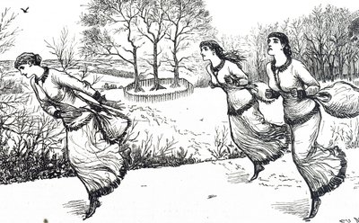 Ilustración que representa a niñas marcando el rastro para la liebre y los sabuesos de George du Maurier