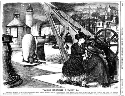 Invasión de la privacidad por una cámara oscura de playa (izquierda). Caricatura de George du Maurier de Punch de George du Maurier