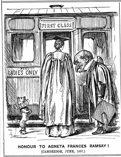 Mr Punch se inclina ante Agneta Frances Ramsay, quien se sentó y aprobó con honores de primera clase los exámenes, pero no pudo recibir un título ya que Cambridge no los otorgaba a mujeres en ese momento. Caricatura de George du Maurier de Punch, Londres,  de George du Maurier