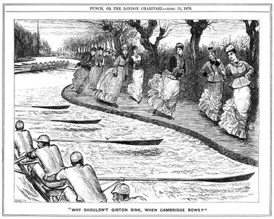 El patinaje sobre ruedas muy de moda. Estudiantes de Girton en el camino de sirga saludando a los remeros en el río. Caricatura de George du Maurier de Punch, Londres de George du Maurier