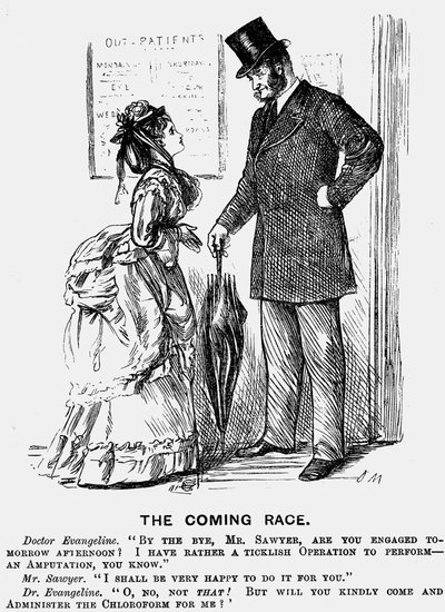 La raza venidera. El cirujano del futuro. Caricatura de George du Maurier para Punch, Londres, 14 de septiembre de 1872, mostrando la actitud condescendiente que las mujeres en la profesión médica podían esperar de sus colegas masculinos. Grabado de George du Maurier