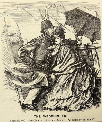 El viaje de bodas: pareja de luna de miel sufriendo de mareo mientras cruzan el Canal de la Mancha. Caricatura de George du Maurier de 