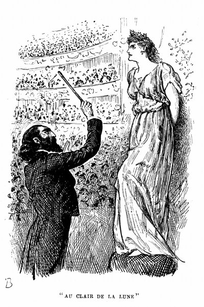 Trilby la desafinada que no podía distinguir un Do de un Fa dando un concierto bajo la influencia hipnótica de Svengali. Ilustración de George Du Maurier para su novela Trilby de George du Maurier