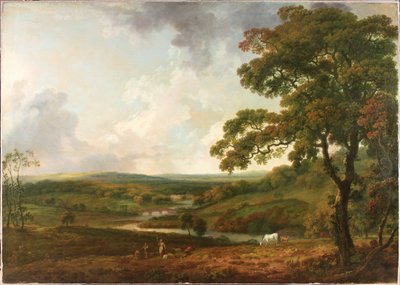 Vista en Welbeck Park con un arroyo serpenteante de George the Elder Barret