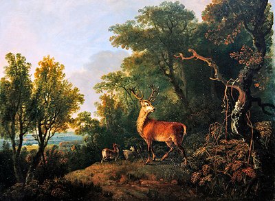 Un ciervo y tres ciervas en un paisaje boscoso de George the Elder Barret