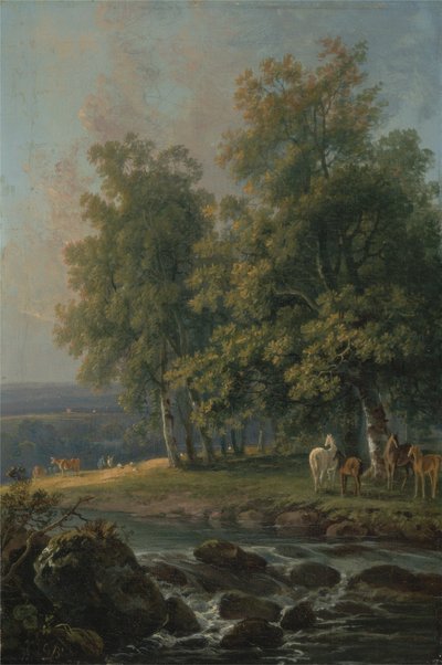 Caballos y ganado junto a un río, 1777 de George the Elder Barret