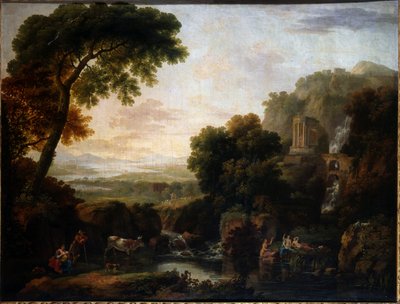 Paisaje italianizante con una vista caprichosa de Tívoli, un pastor y pastora y ganado de George the Elder Barret