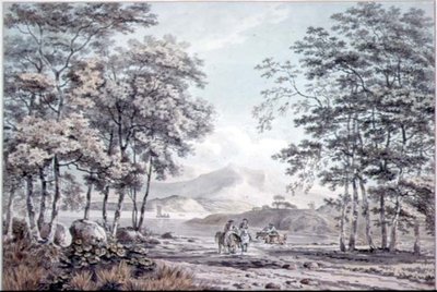 Paisaje con río y figuras de George the Elder Barret