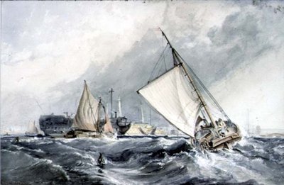 Viejos barcos de guerra anclados: barcos en una tormenta de George the Elder Chambers