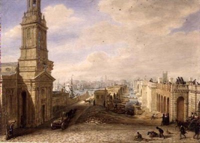 Puente de Londres Antiguo con la construcción del nuevo Puente al lado de George the Elder Scharf