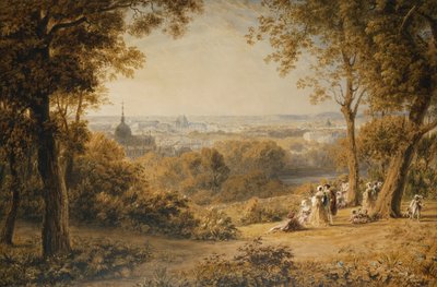 Una vista de Versalles con figuras elegantes en primer plano al atardecer de George the Younger Barret
