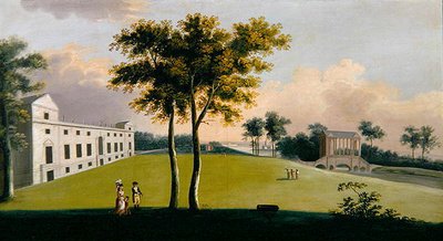 La fachada sur de Wilton House y el puente Palladiano del este, Salisbury de George the Younger Cuitt