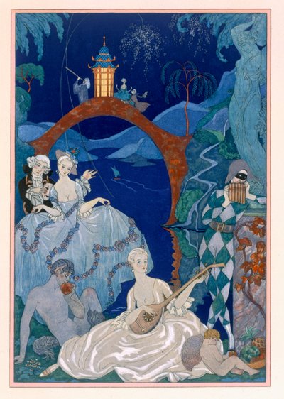 Baile bajo la luna azul, ilustración para "Fetes Galantes" de Paul Verlaine (1844-96) publicada en 1928 (impresión en pochoir) de Georges (after) Barbier