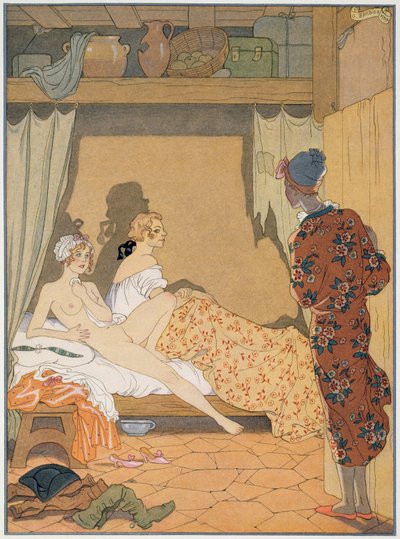 Escena de dormitorio, ilustración de "Les Liaisons Dangereuses" de Pierre Choderlos de Laclos (1741-1803), publicada en la década de 1920 (impresión en pochoir) de Georges (after) Barbier