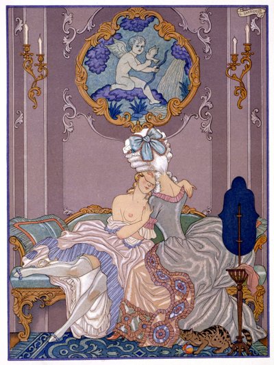 Escena de dormitorio de "Les Liaisons Dangereuses" de Pierre Choderlos de Laclos (1741-1803) publicada en los años 20 (impresión en pochoir) de Georges (after) Barbier