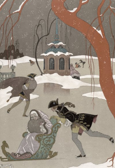 Patinaje sobre hielo en el lago helado, ilustración para "Fetes Galantes" de Paul Verlaine (1844-96) publicada en 1928 (impresión en pochoir) de Georges (after) Barbier