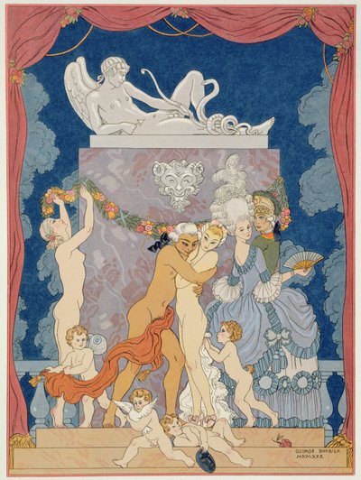 Escena de "Les Liaisons Dangereuses" de Pierre Chodlerlos de Laclos (1741-1803) publicada en los años 20 (impresión en pochoir) de Georges (after) Barbier