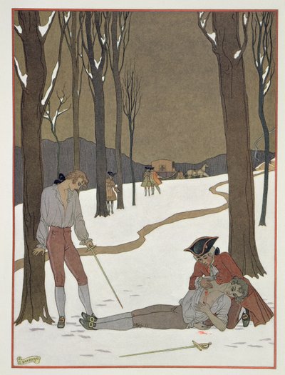 El duelo entre Valmont y Danceny, ilustración de "Les Liaisons Dangereuses" de Pierre Chodlerlos de Laclos (1741-1803) publicada en la década de 1920 (impresión en pochoir) de Georges (after) Barbier