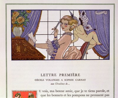 La primera carta, ilustración de "Les Liaisons Dangereuses" de Pierre Choderlos de Laclos (1741-1803) publicada en la década de 1920 (impresión en pochoir) de Georges (after) Barbier