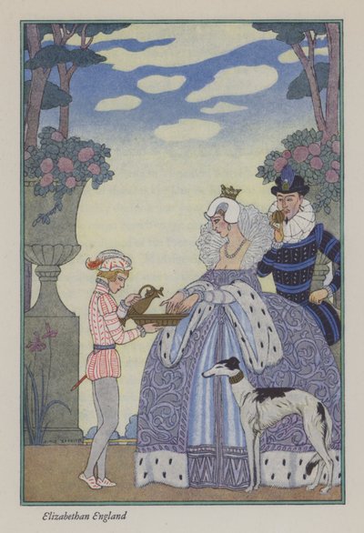 El romance del perfume: la Inglaterra isabelina (litografía en color) de Georges (after) Barbier