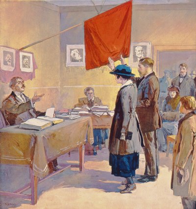 Un matrimonio civil en Rusia en tiempos de la Revolución, c.1923 (litografía en color) de Georges (after) Carrey