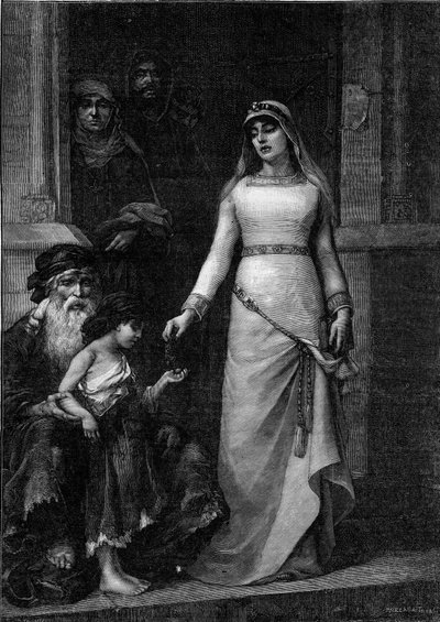 Blanca de Castilla, Reina de Francia (1188 - 1252), apodada el Amor de los Pobres (1879). Grabado después de la pintura de Georges Moreau de Tours (1848-1901) en “The Illustrous World” n°1267 del 9 de julio. de Georges (after) Moreau de Tours