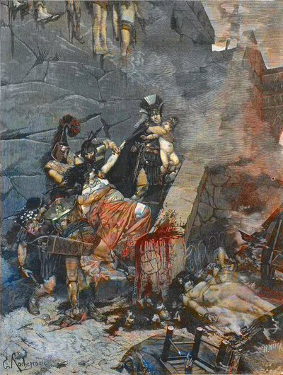Andrómaca (Ulises arranca a Astianacte de los brazos de Andrómaca para arrojarlo desde lo alto de las murallas de Troya) - Grabado después de la pintura de George-Antoine Rochegrosse de Georges (after) Rochegrosse