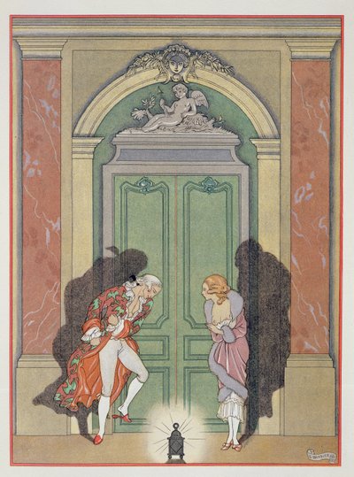 Una pareja a la luz de las velas, ilustración de "Les Liaisons Dangereuses" de Pierre Chodlerlos de Laclos (1741-1803) publicada en la década de 1920 (impresión en pochoir) de Georges Barbier