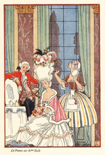 Una mujer noble en su aseo en la Francia del siglo XVIII. 1928 (impresión) de Georges Barbier