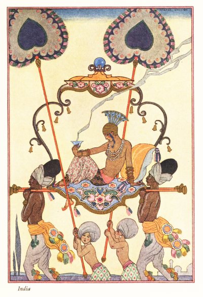 Una mujer noble quema incienso en un palanquín, antigua India 1928 (impresión) de Georges Barbier