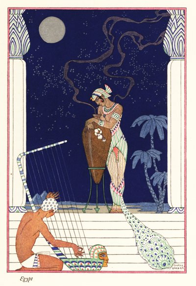 Una reina de pie oliendo la fragancia quemada, antiguo Egipto1928 (impresión) de Georges Barbier