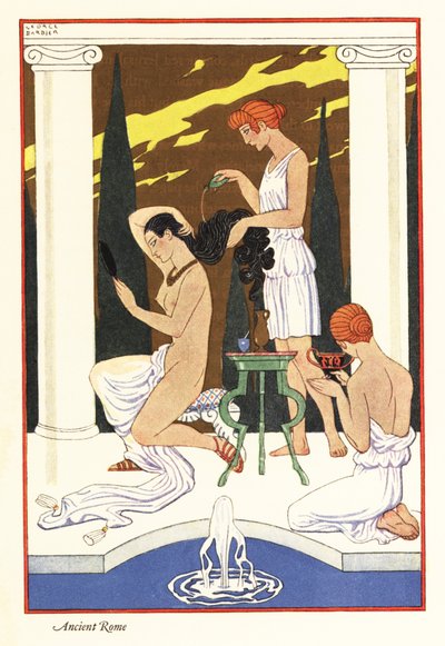 Una esclava vierte aceite perfumado en el cabello de su ama, antigua Roma 1928 (impresión) de Georges Barbier