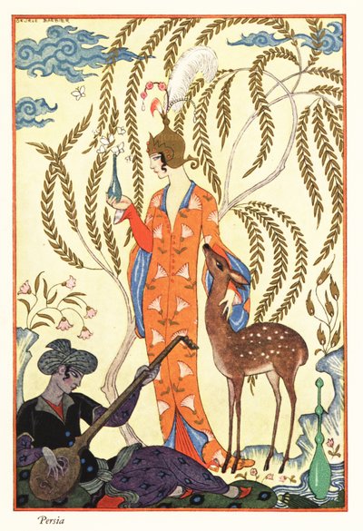 Una mujer sostiene un frasco de perfume, antigua Persia de Georges Barbier