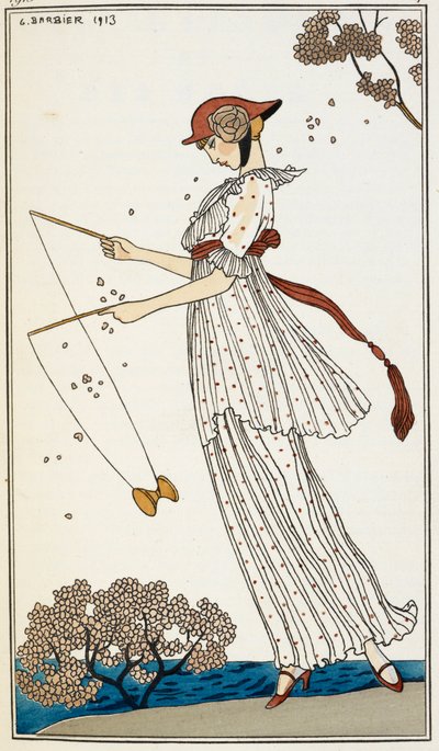 Una mujer con un vestido de lino blanco estampado, jugando con un juguete de Georges Barbier