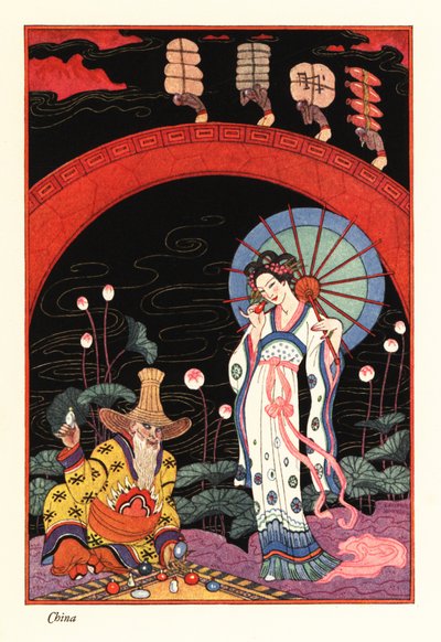 Una joven con sombrilla de laca oliendo un frasco de perfume de Georges Barbier