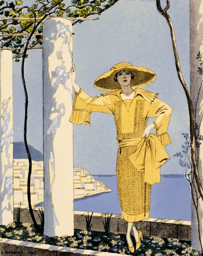 Amalfi, ilustración de una mujer con vestido amarillo de Worth de Georges Barbier