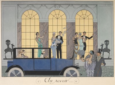 Au revoir. Gente saliendo en un coche. Personas en traje de noche. de Georges Barbier