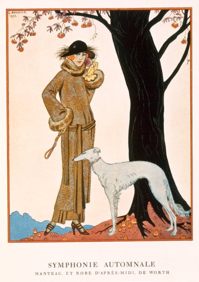 Sinfonía otoñal, abrigo de tarde y vestido de Worth, de la "Gazette de Bon Ton" nº 9 de Georges Barbier