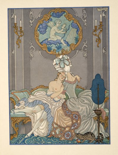 Escena de dormitorio de "Les Liaisons Dangereuses" de Pierre Choderlos de Laclos (1741-1803) pub. 1934 (impresión en pochoir) de Georges Barbier