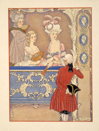 Cécile de Volanges y ; la marquesa Isabelle de Merteuil en el teatro, ilustración de "Les Liaisons Dangereuses" de Pierre Choderlos de Laclos (1741-1803) pub. 1934 (impresión en plantilla) de Georges Barbier