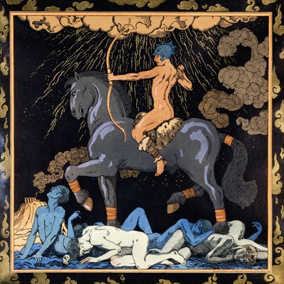 El que monta el caballo negro, c.1917-1920 (stencil) de Georges Barbier