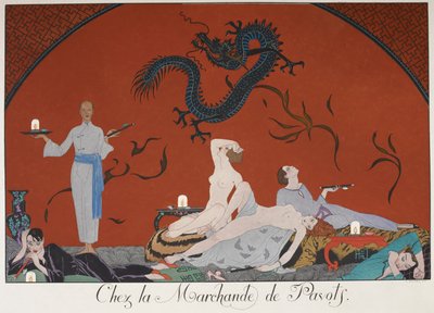 Chez la Marchande de Pasots. Personas, algunas desnudas, tumbadas en una habitación. Decoración china. de Georges Barbier