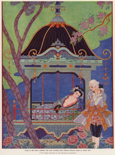 Princesa china recostada en un pabellón (litografía en color) de Georges Barbier