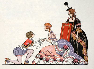 Cenicienta con el Príncipe Azul, su madrastra la mira (estampado pochoir) de Georges Barbier